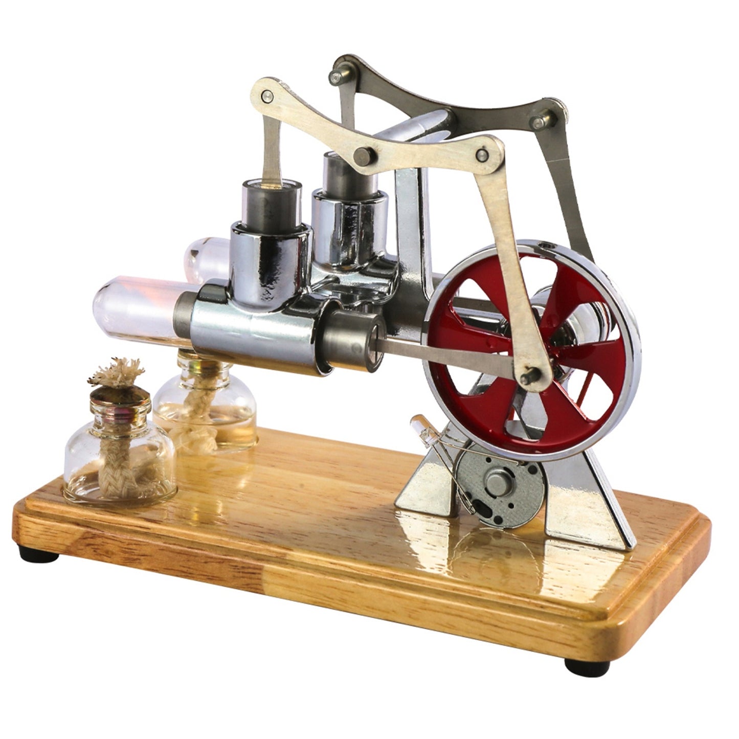 Stirling Engine Kit Hot Air Motor Model Physical Dual Engine Generator Model with LED Light Flywheel Design Science Experiment Wooden Base DIY Education Toy for Teacher Adults Kids School Office